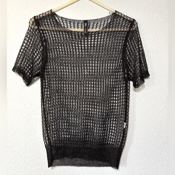 Zara Black Plasticy Netted Short Sleeve Sheer Top M - Picture 1 of 3